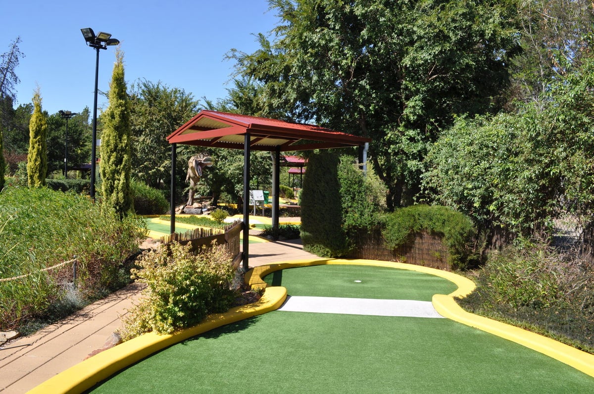 Image of a mini golf green surrounded by garden